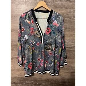 Sani Blu Top Blouse Shirt V Neck Floral Short Sleeves Blue Sz Large 42